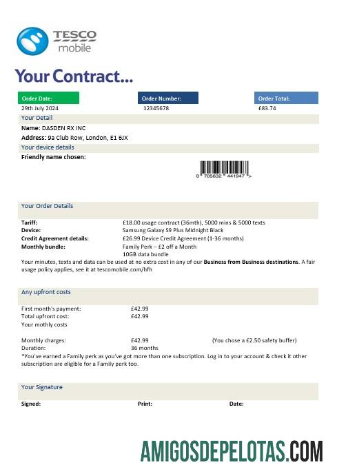 Em branco modelo de conta de serviços públicos Tesco Mobile Business do Reino Unido em formatos Word e PDF